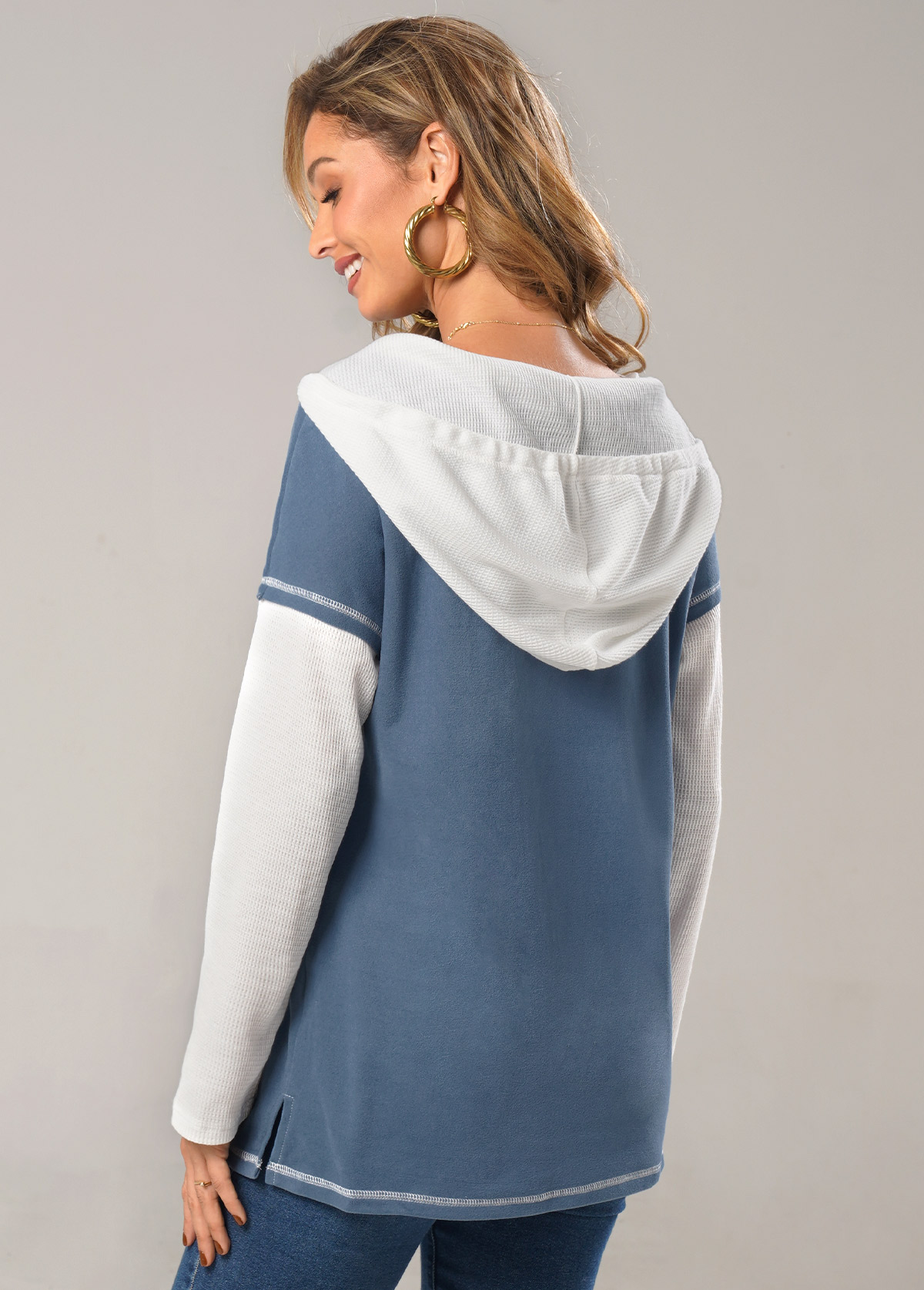 Dusty Blue tops,Contrast Color tops,ROTITA Contrast Dusty Blue Drawstring Long Sleeve Hoodie