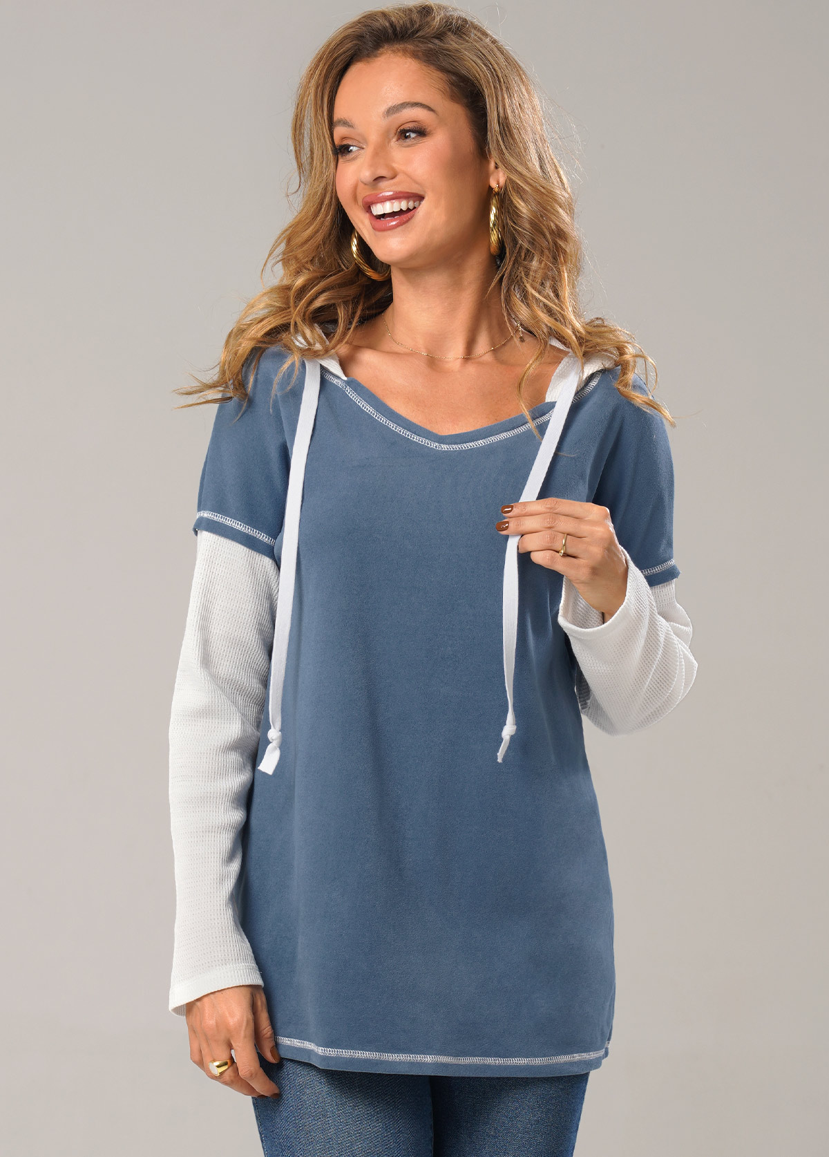 Dusty Blue tops,Contrast Color tops,ROTITA Contrast Dusty Blue Drawstring Long Sleeve Hoodie