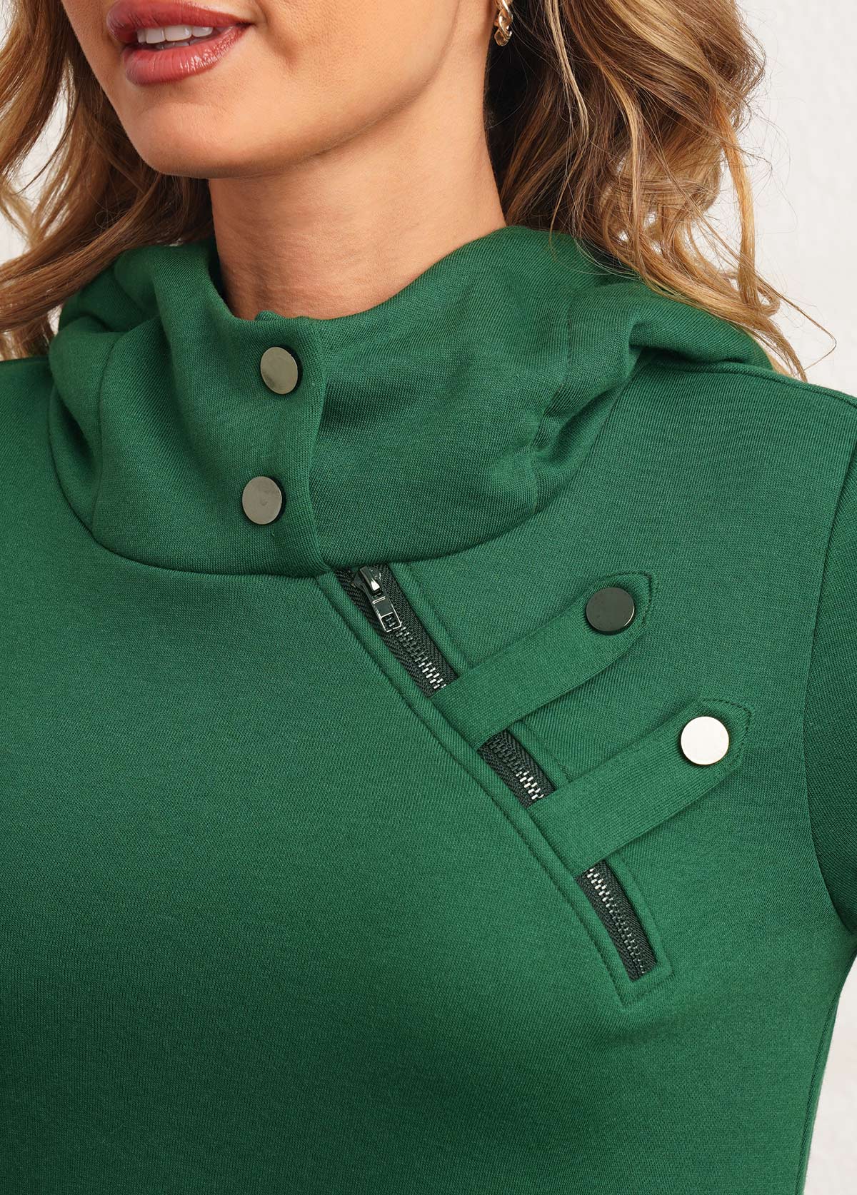 Blackish Green tops,Plain Color tops,ROTITA Dark Green Zipper Detail Long Sleeve Hoodie