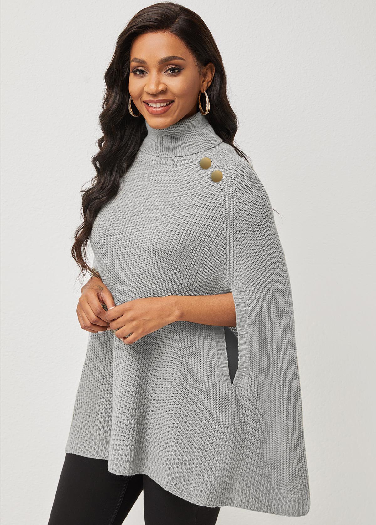 Grey tops,Plain Color tops,ROTITA 3/4 Sleeve Turtleneck Solid Sweater Cape
