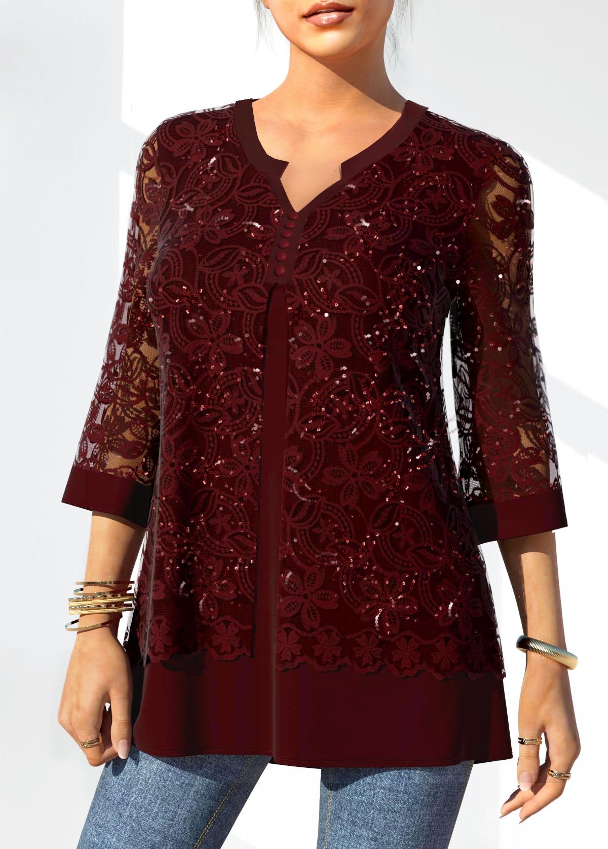Wine Red tops,Plain Color tops,ROTITA Solid Lace Patchwork 3/4 Sleeve Split Neck Blouse