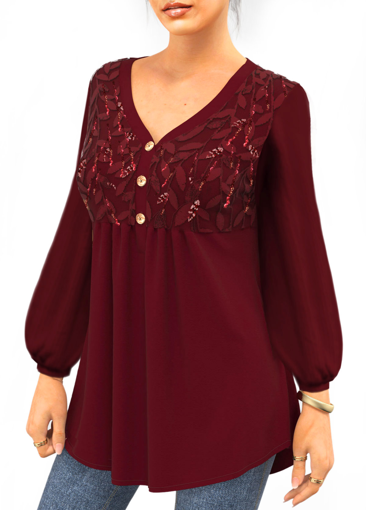 Wine Red tops,Plain Color tops,ROTITA Lantern Sleeve Leaf Sequin V Neck T Shirt