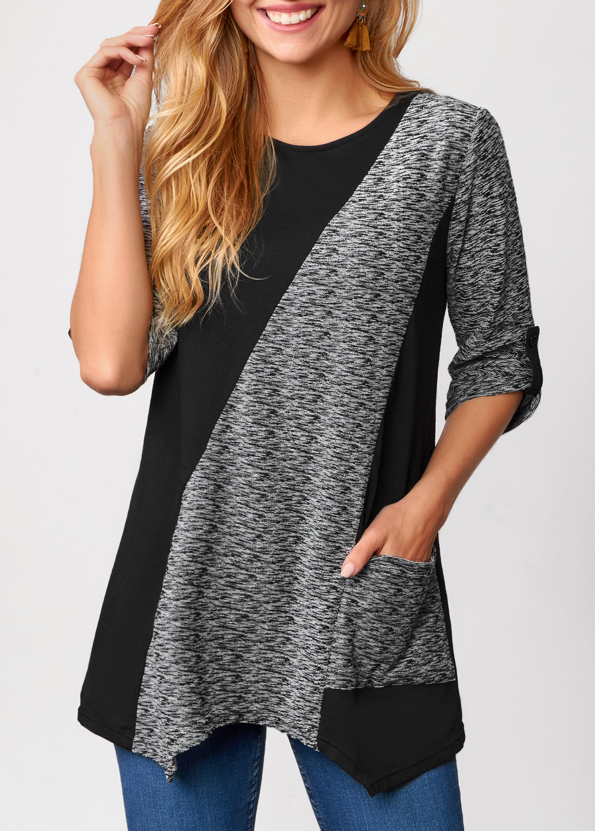 ROTITA Pocket Asymmetric Hem Round Neck Black T Shirt