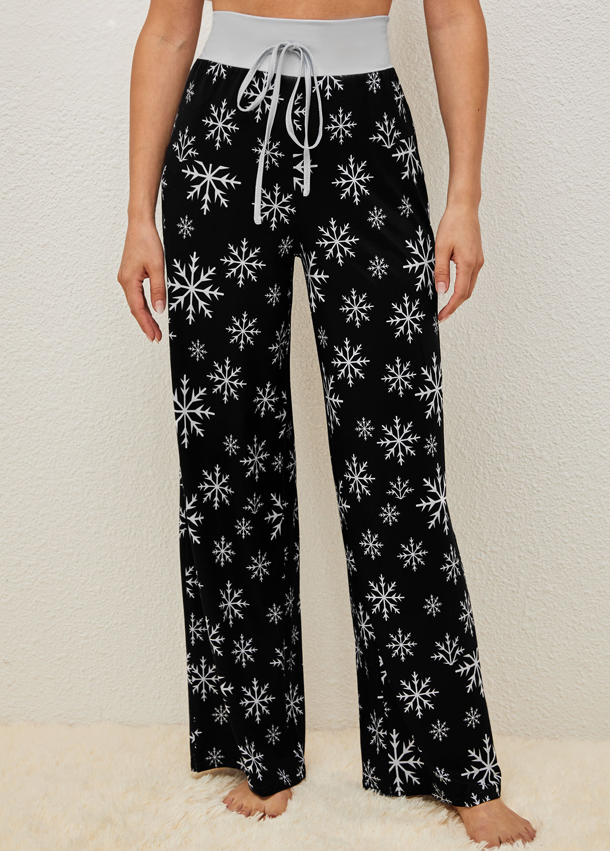 Black Christmas Snowflake Print Drawstring Pajama Pants