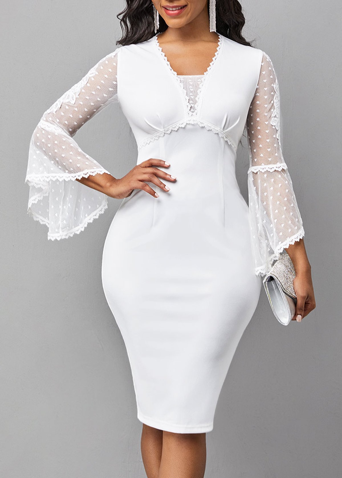 ROTITA Flare Sleeve White Mesh Stitching Bodycon Dress
