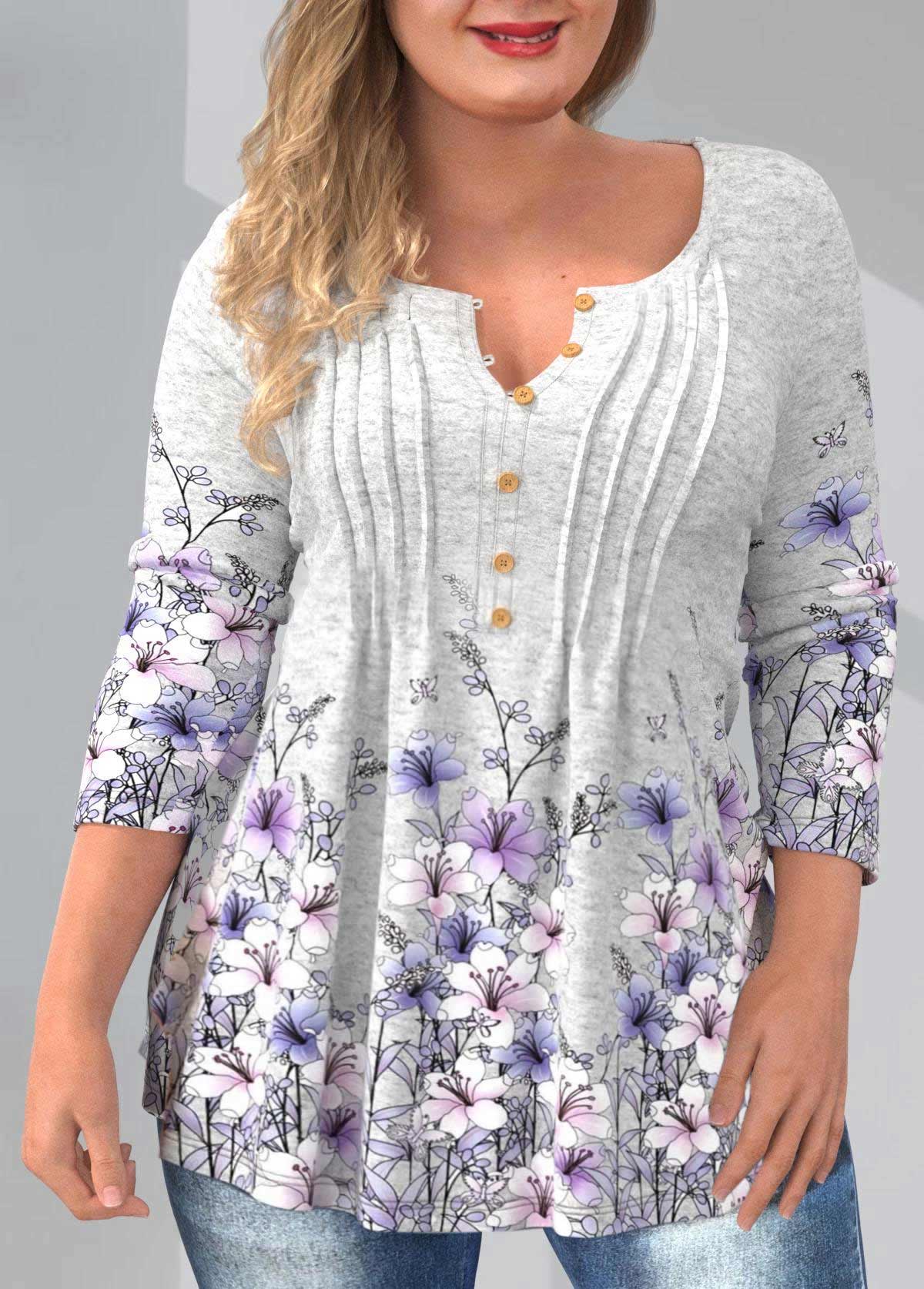 ROTITA Plus Size Grey Floral Print T Shirt