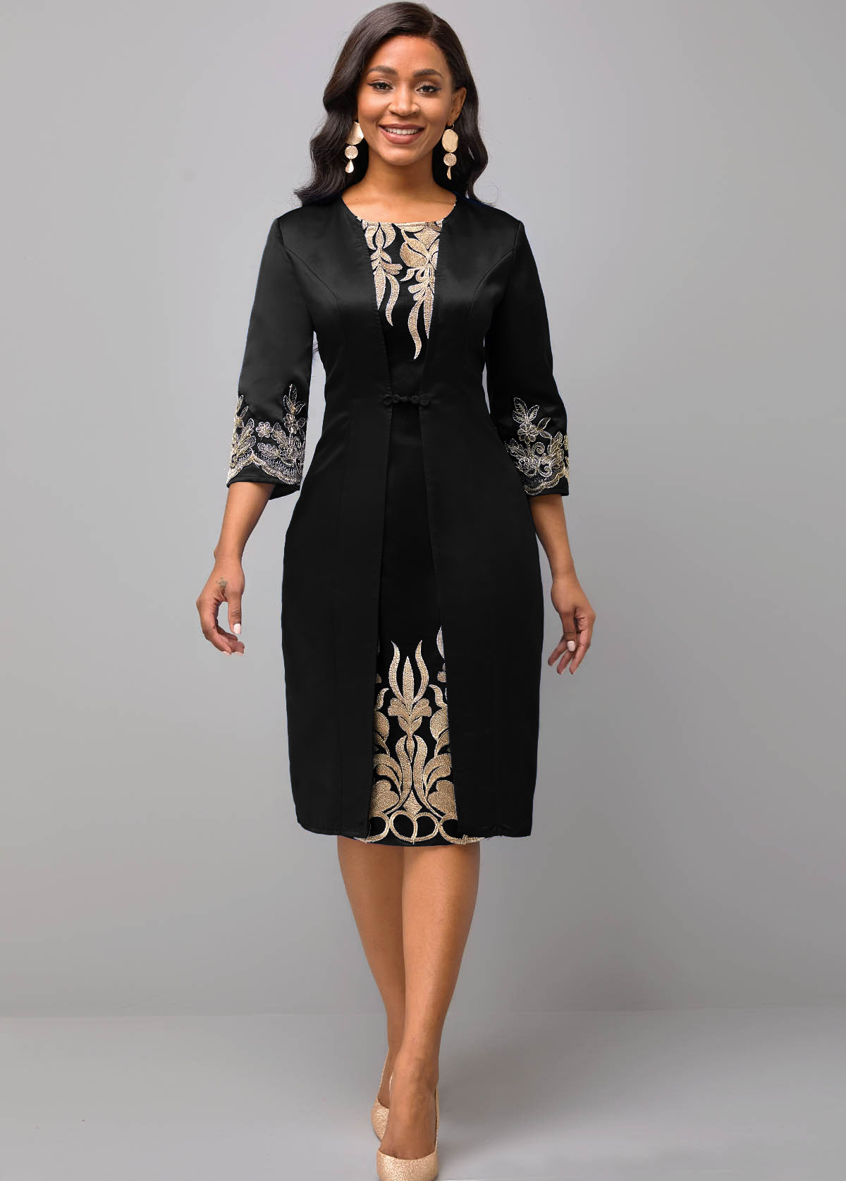 ROTITA Round Neck Black 3/4 Sleeve Embroidered Dress