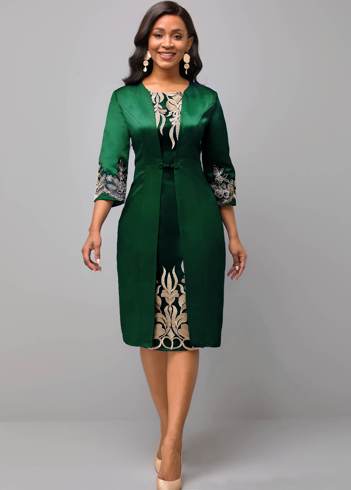ROTITA Round Neck Green 3/4 Sleeve Embroidered Dress