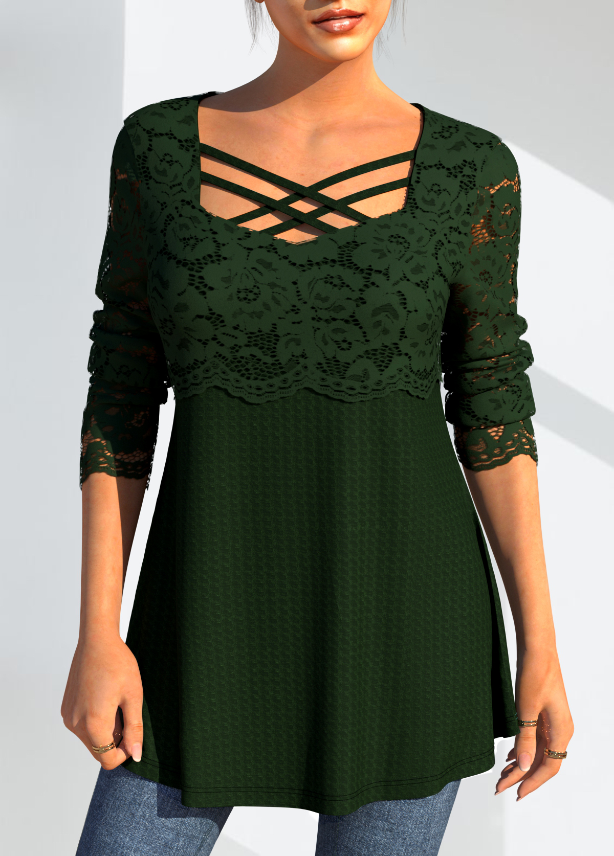 Green tops,Plain Color tops,ROTITA Lace Patchwork Cross Strap Long Sleeve T Shirt