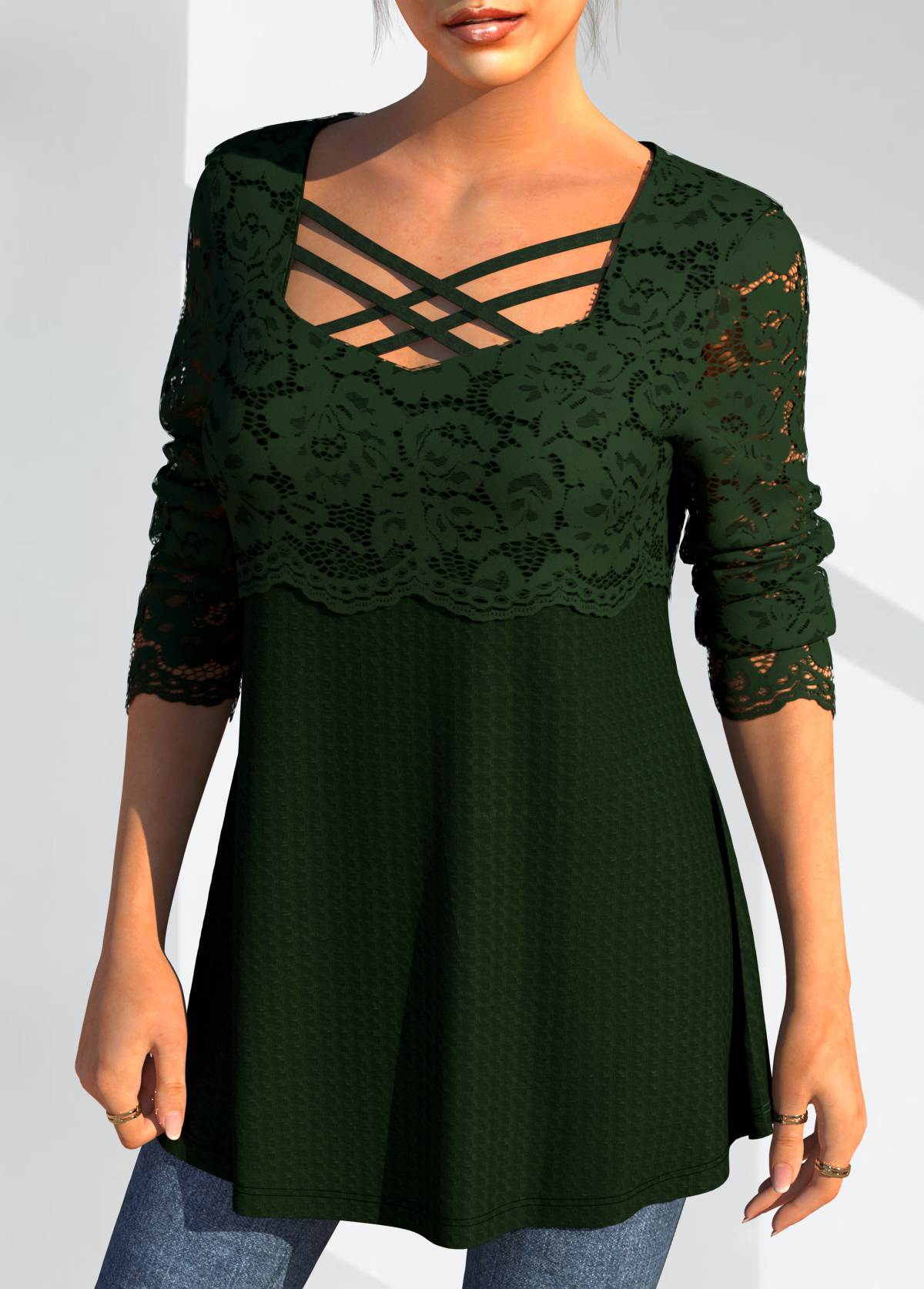 Green tops,Plain Color tops,ROTITA Lace Patchwork Cross Strap Long Sleeve T Shirt