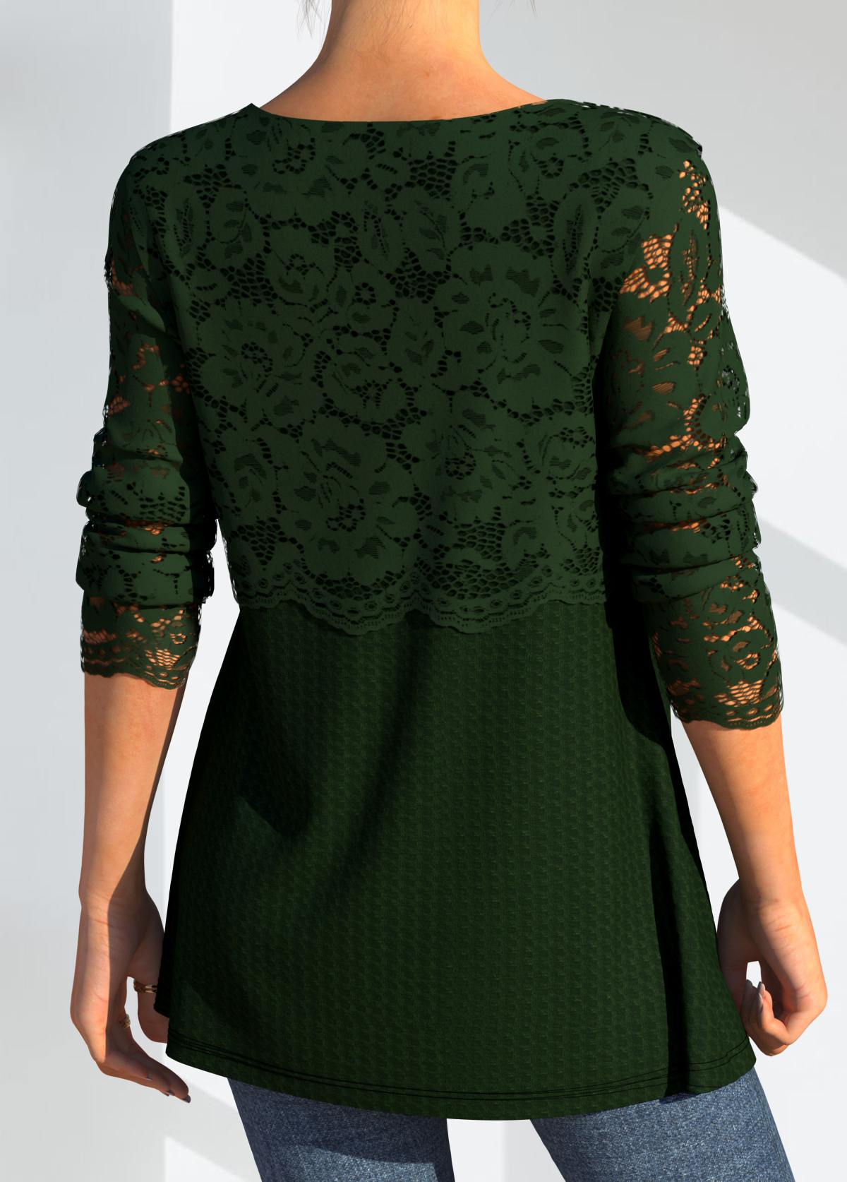 Green tops,Plain Color tops,ROTITA Lace Patchwork Cross Strap Long Sleeve T Shirt