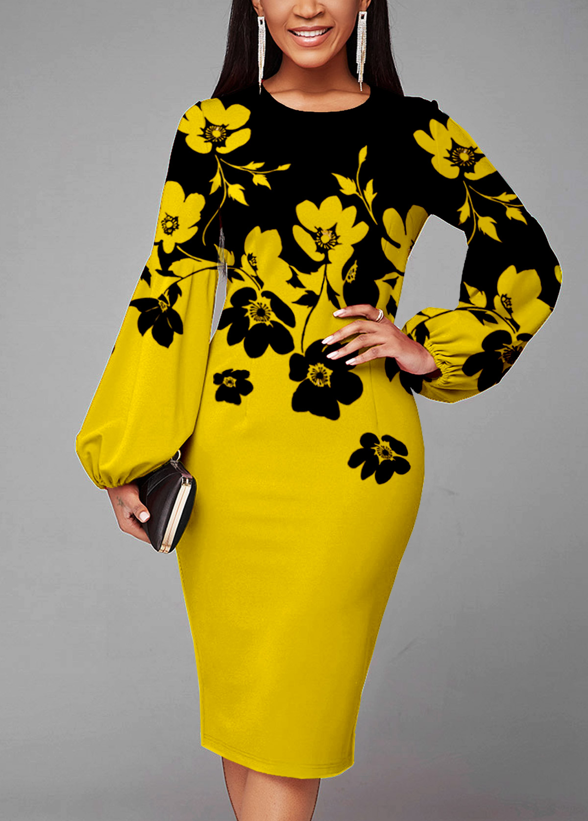 ROTITA Lantern Sleeve Yellow Floral Print Dress