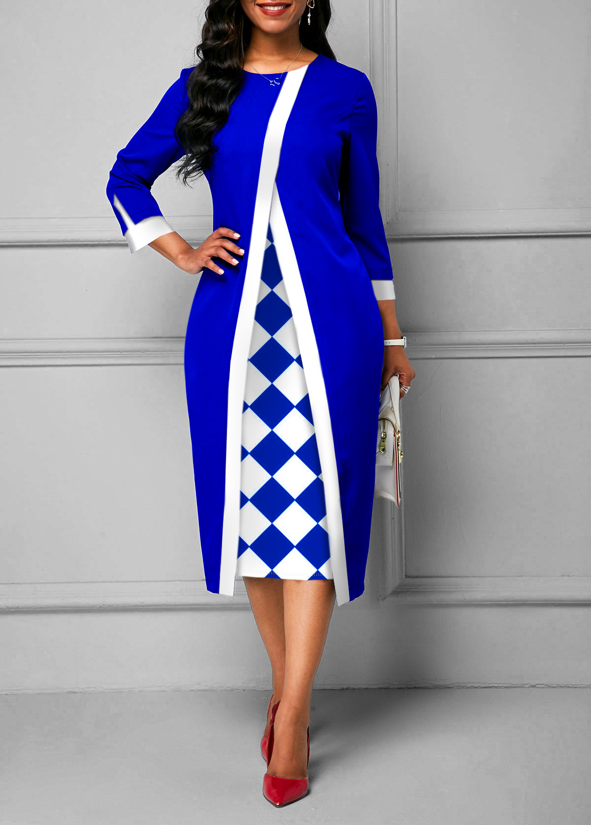 ROTITA Royal Blue 3/4 Sleeve Checkered Print Dress