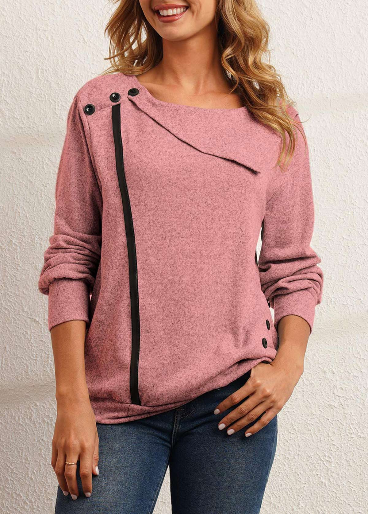 Pink tops,Contrast Color tops,Pink Decorative Button Long Sleeve Sweatshirt