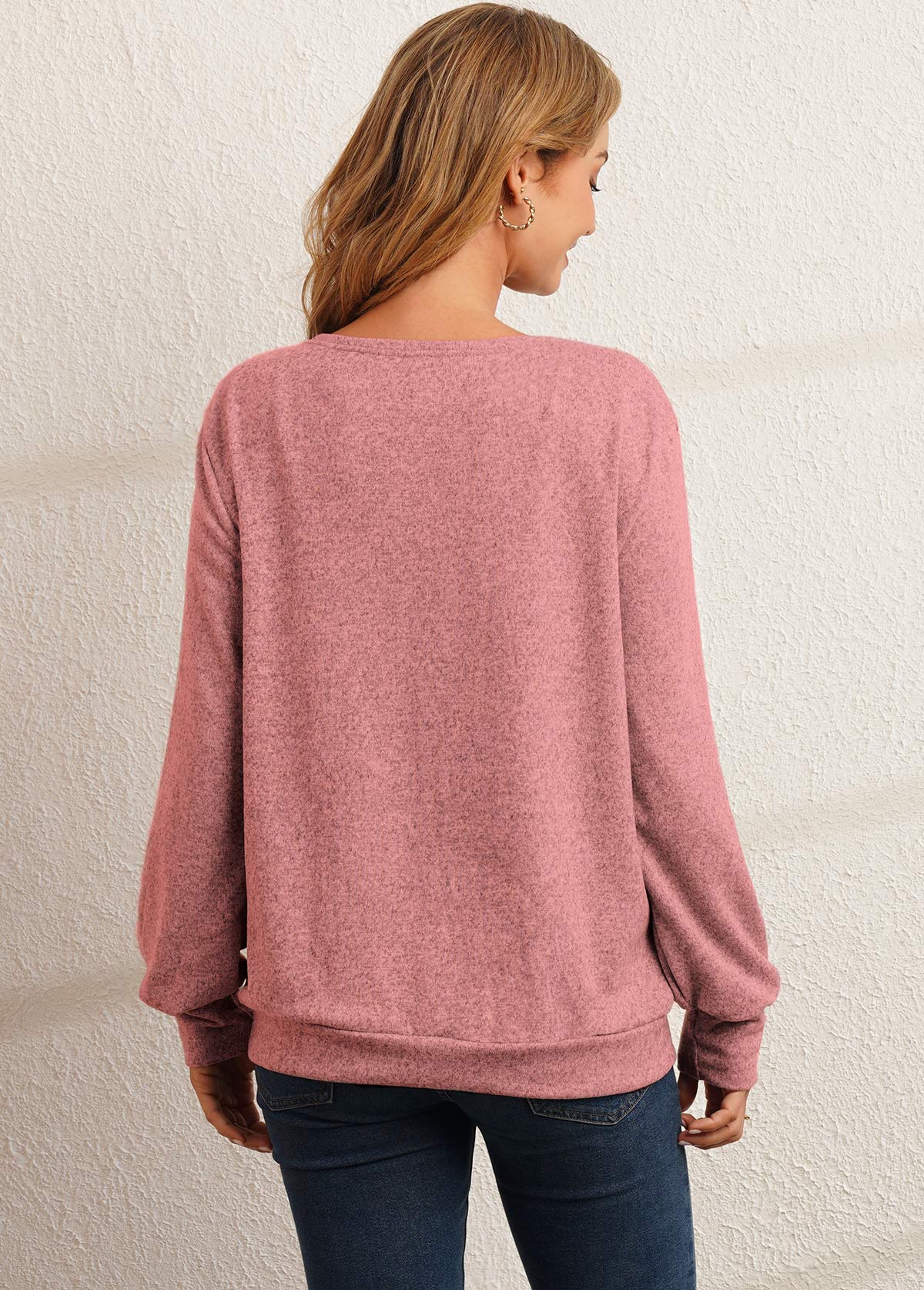 Pink tops,Contrast Color tops,Pink Decorative Button Long Sleeve Sweatshirt