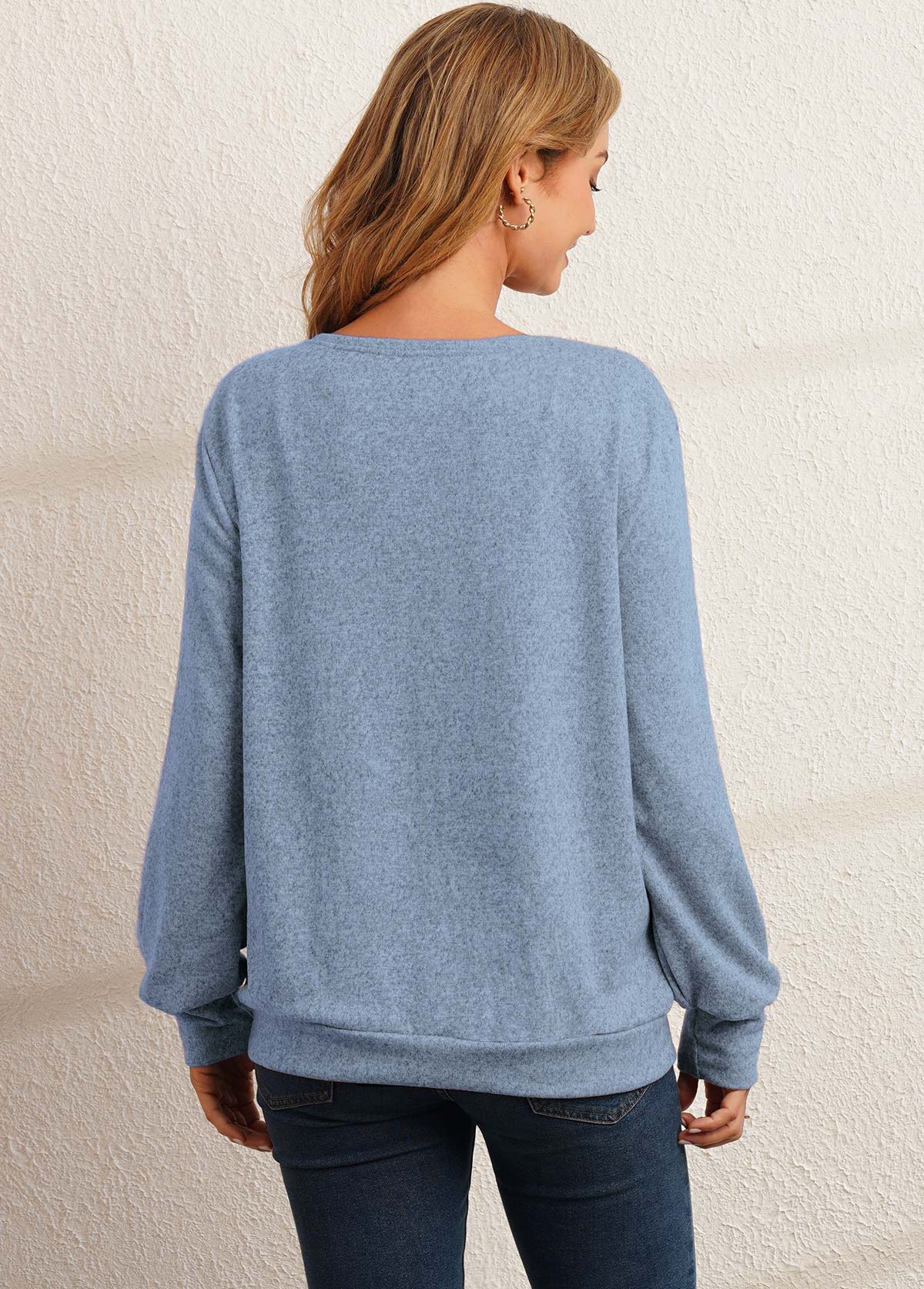 Blue tops,Contrast Color tops,Blue Decorative Button Long Sleeve Sweatshirt