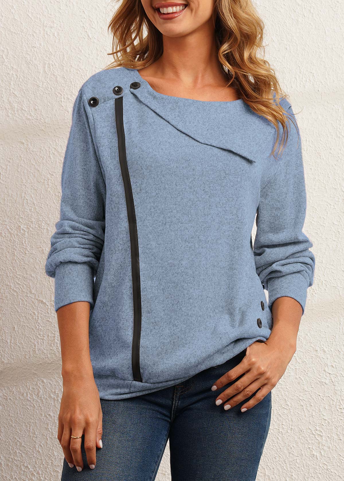 Blue tops,Contrast Color tops,Blue Decorative Button Long Sleeve Sweatshirt