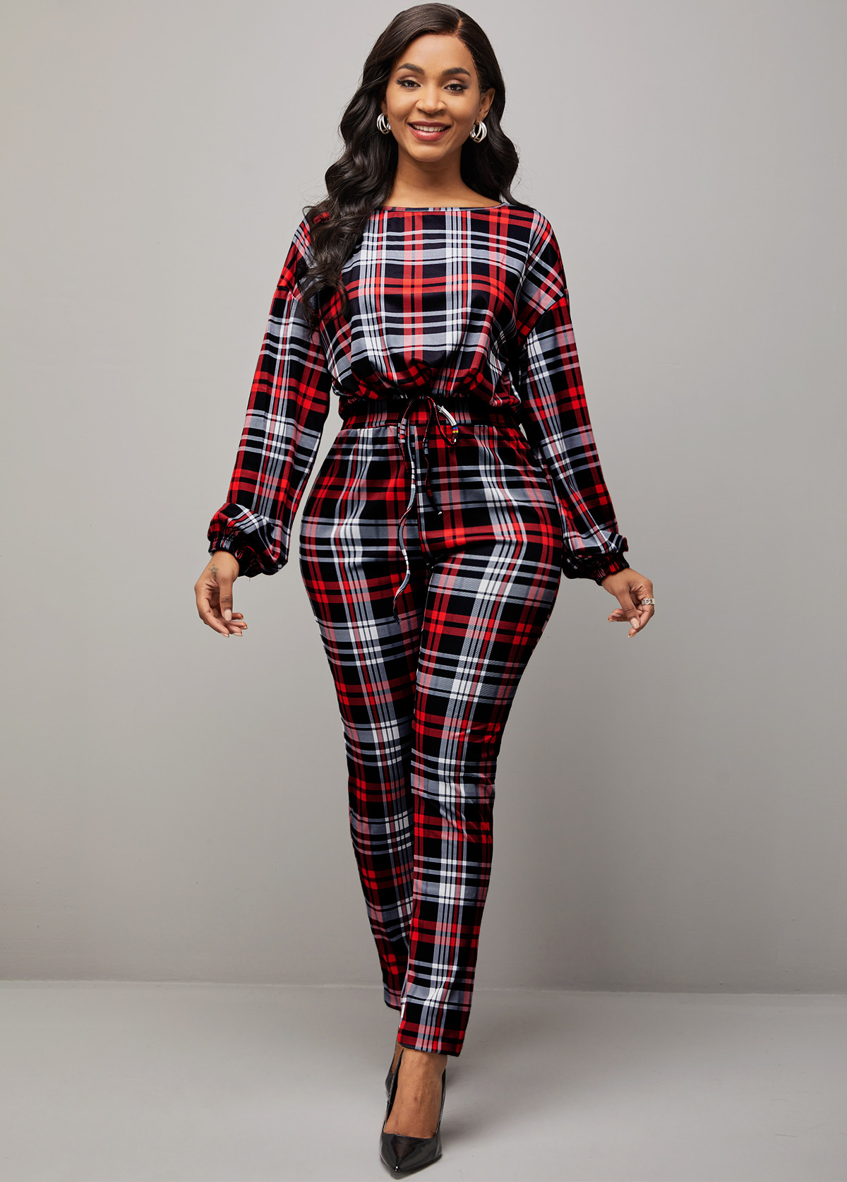 Drawstring Design Plaid Red Top and Pants