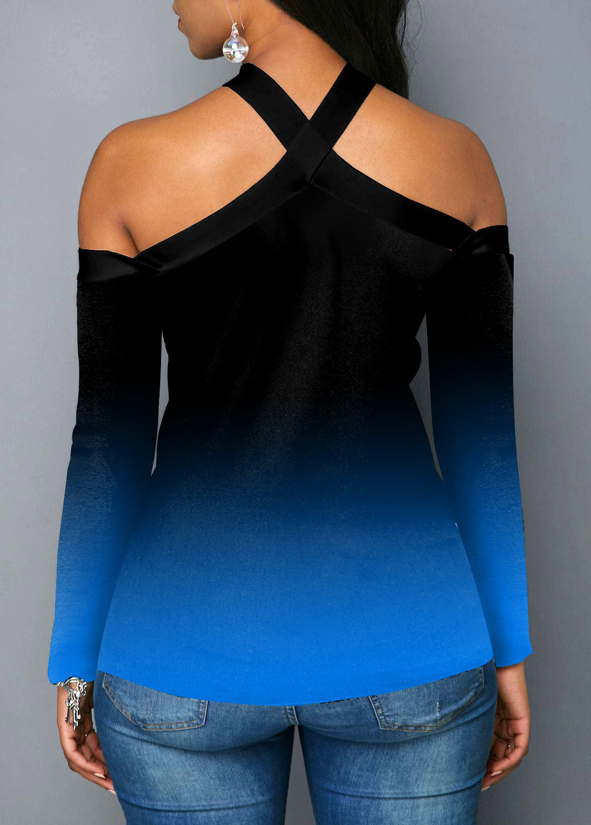 Blue tops,Christmas tops,ROTITA Christmas Tree Print Blue Cold Shoulder T Shirt