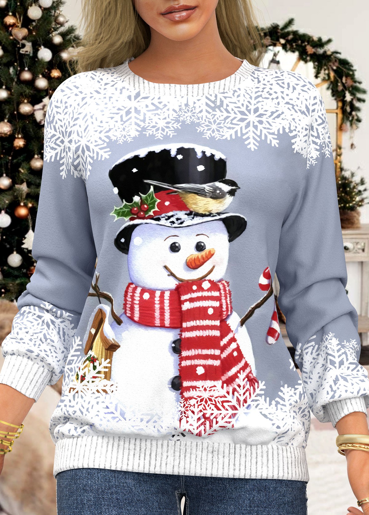 ROTITA Christmas Snowman Print Grey Round Neck Sweatshirt