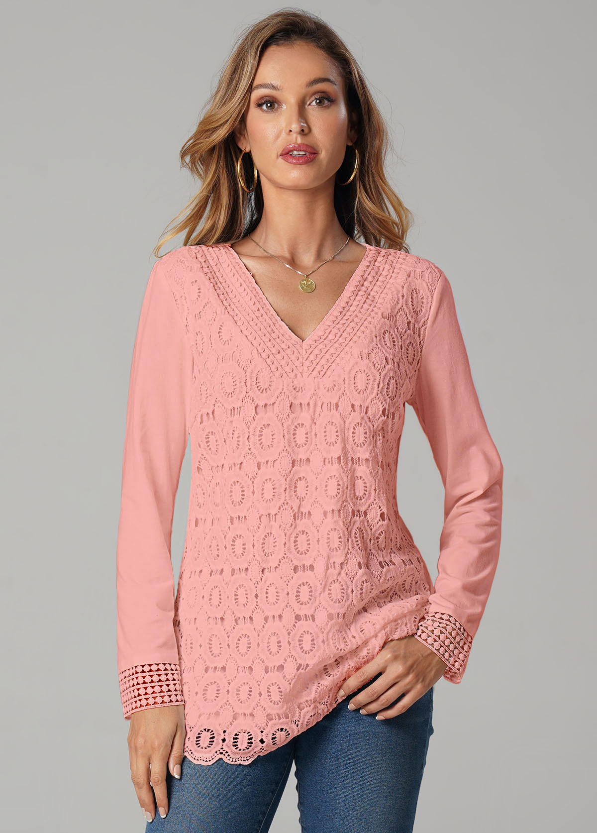 Pink tops,Plain Color tops,ROTITA Pink Lace Patchwork V Neck T Shirt