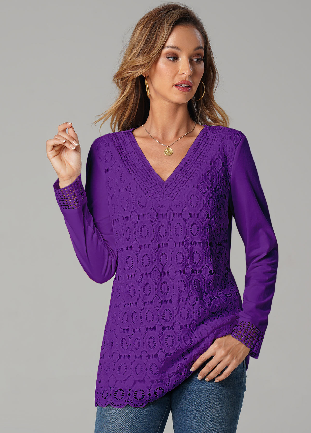 Purple tops,Plain Color tops,ROTITA Purple Lace Stitching Long Sleeve T Shirt