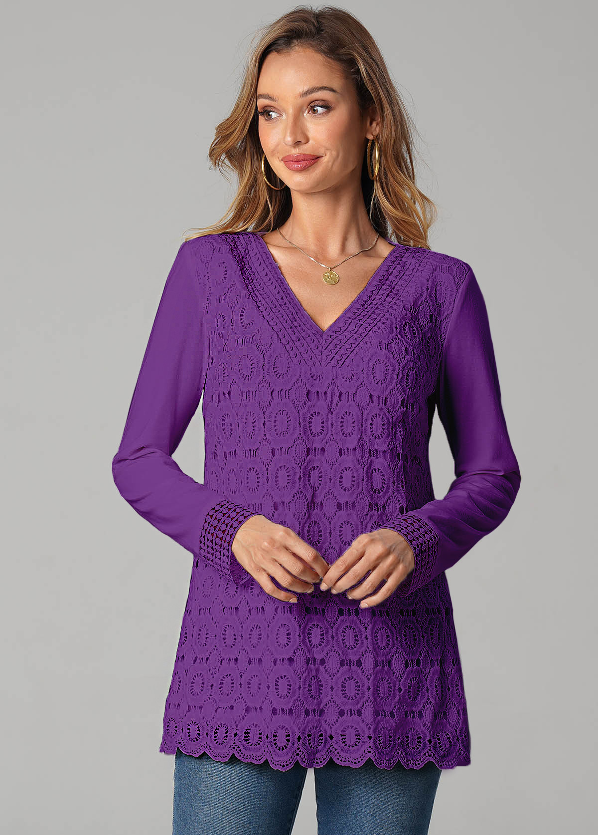 Purple tops,Plain Color tops,ROTITA Purple Lace Stitching Long Sleeve T Shirt