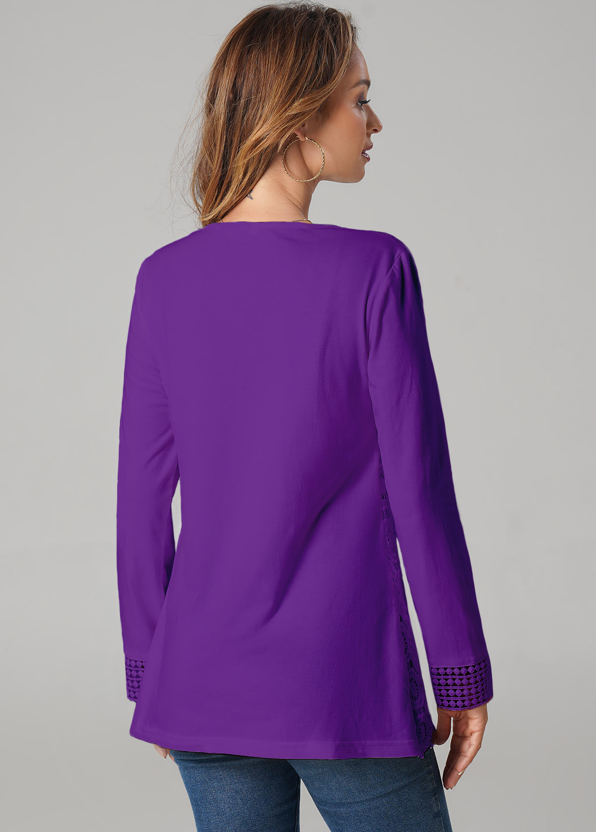 Purple tops,Plain Color tops,ROTITA Purple Lace Stitching Long Sleeve T Shirt
