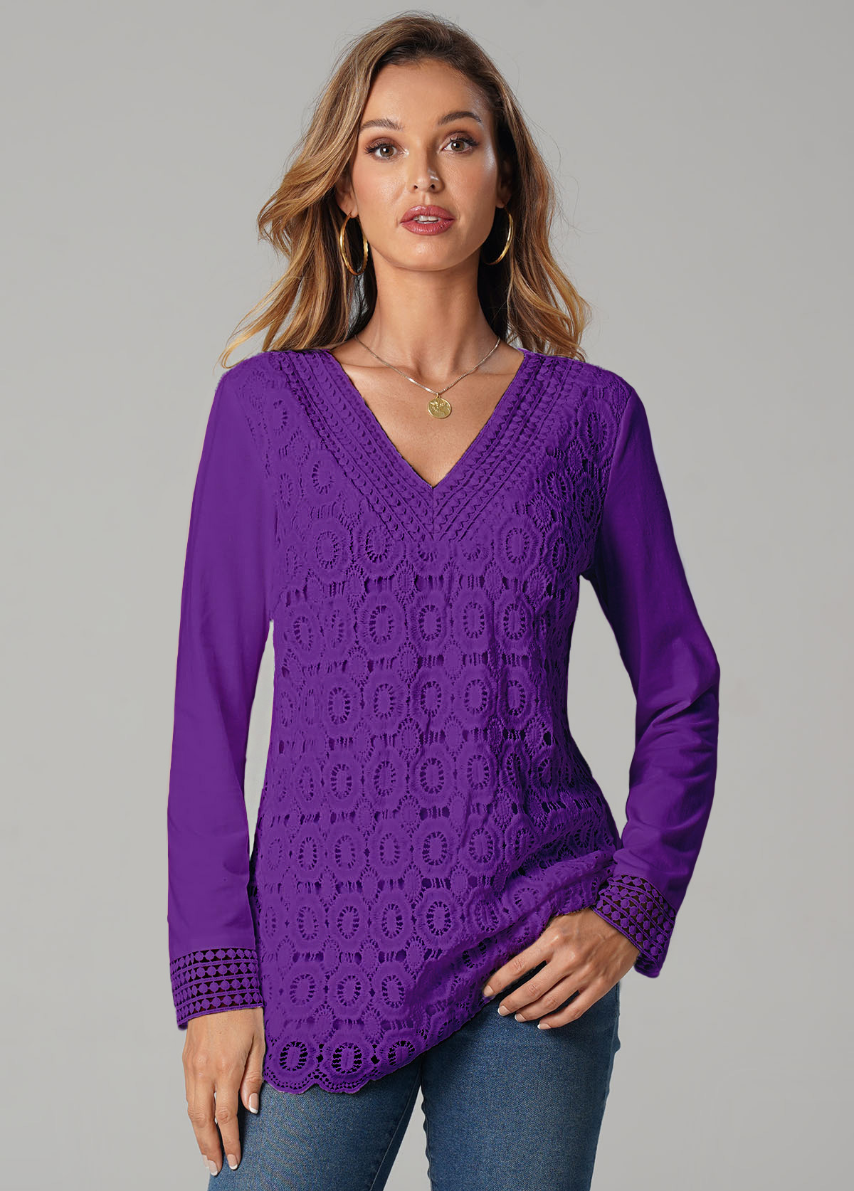 Purple tops,Plain Color tops,ROTITA Purple Lace Stitching Long Sleeve T Shirt