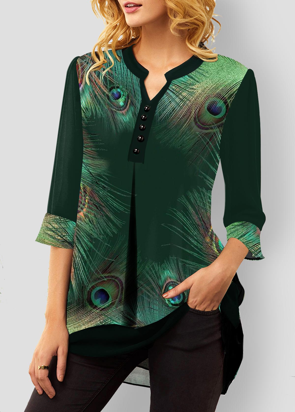 Green tops,Tribal tops,ROTITA Green Peacock Feathers Print Split Neck Blouse