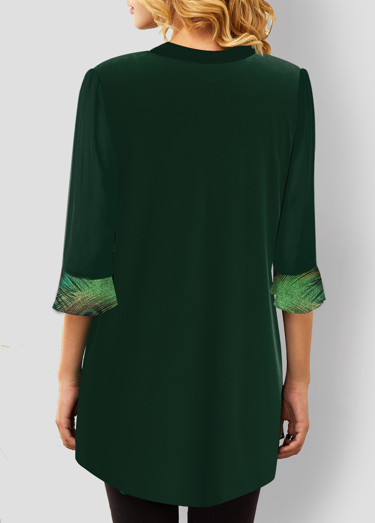 Green tops,Tribal tops,ROTITA Green Peacock Feathers Print Split Neck Blouse