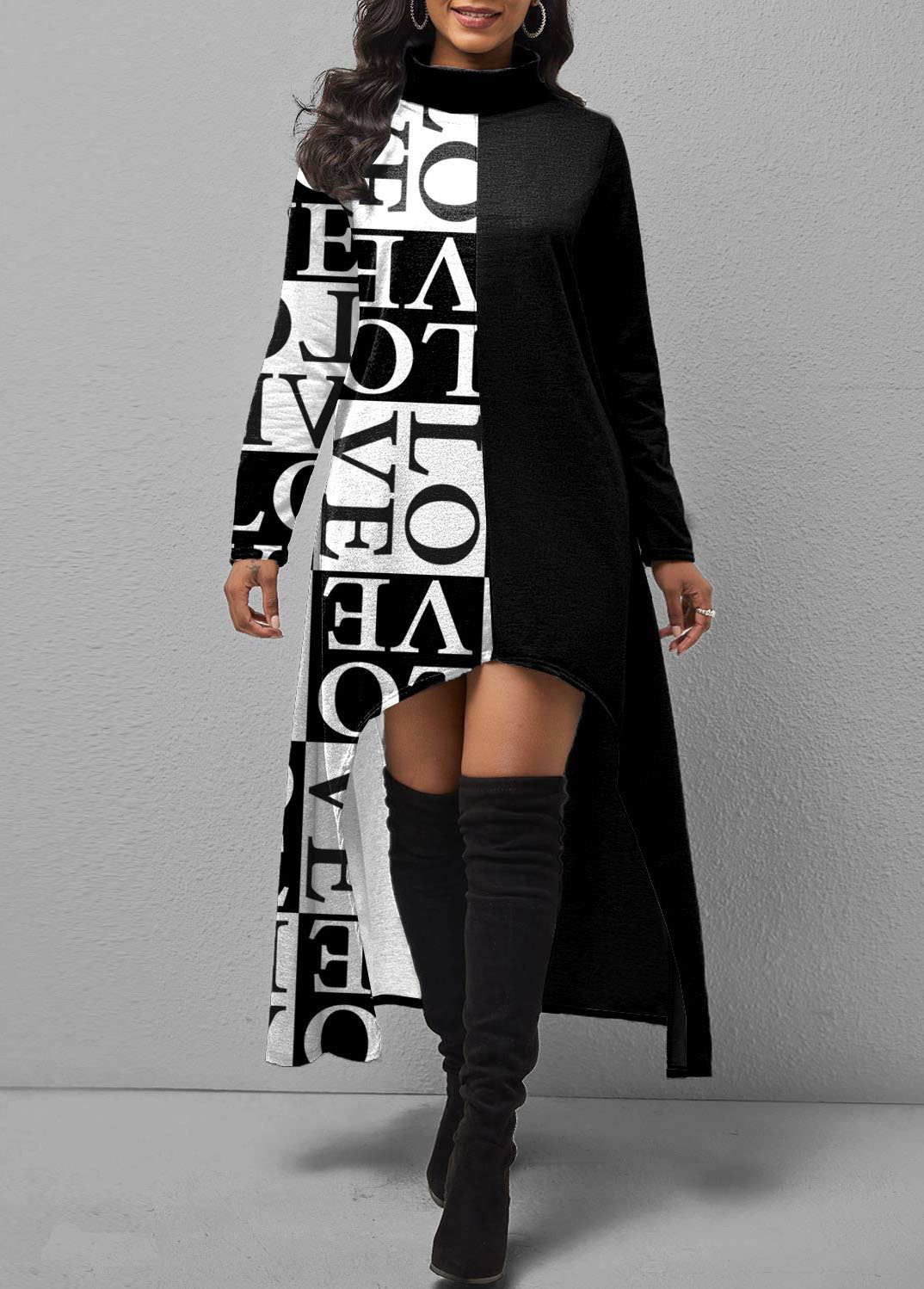 ROTITA Black Letter Print Asymmetric Hem Dress