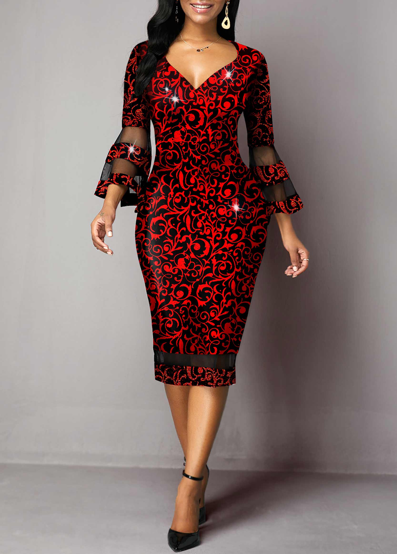 ROTITA Flare Sleeve Hot Stamping Red Mesh Stitching Dress
