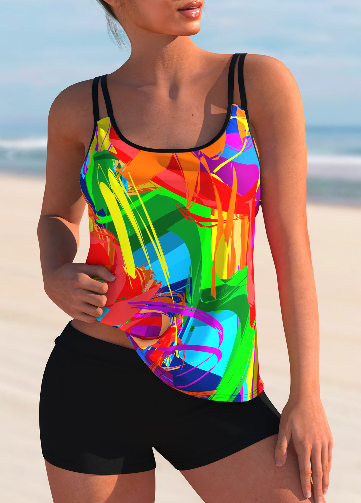 ROTITA Stroke Print Rainbow Color Wide Strap Tankini Top-No Bottom