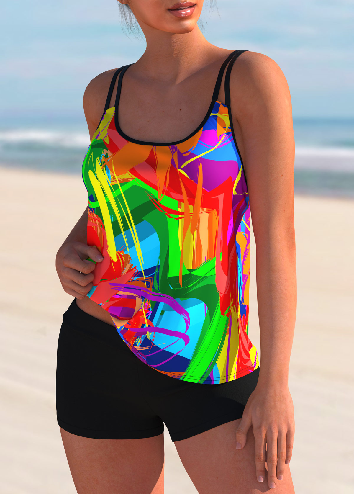 Multi Color swimwear,Floral swimwear,ROTITA Stroke Print Rainbow Color Wide Strap Tankini Top