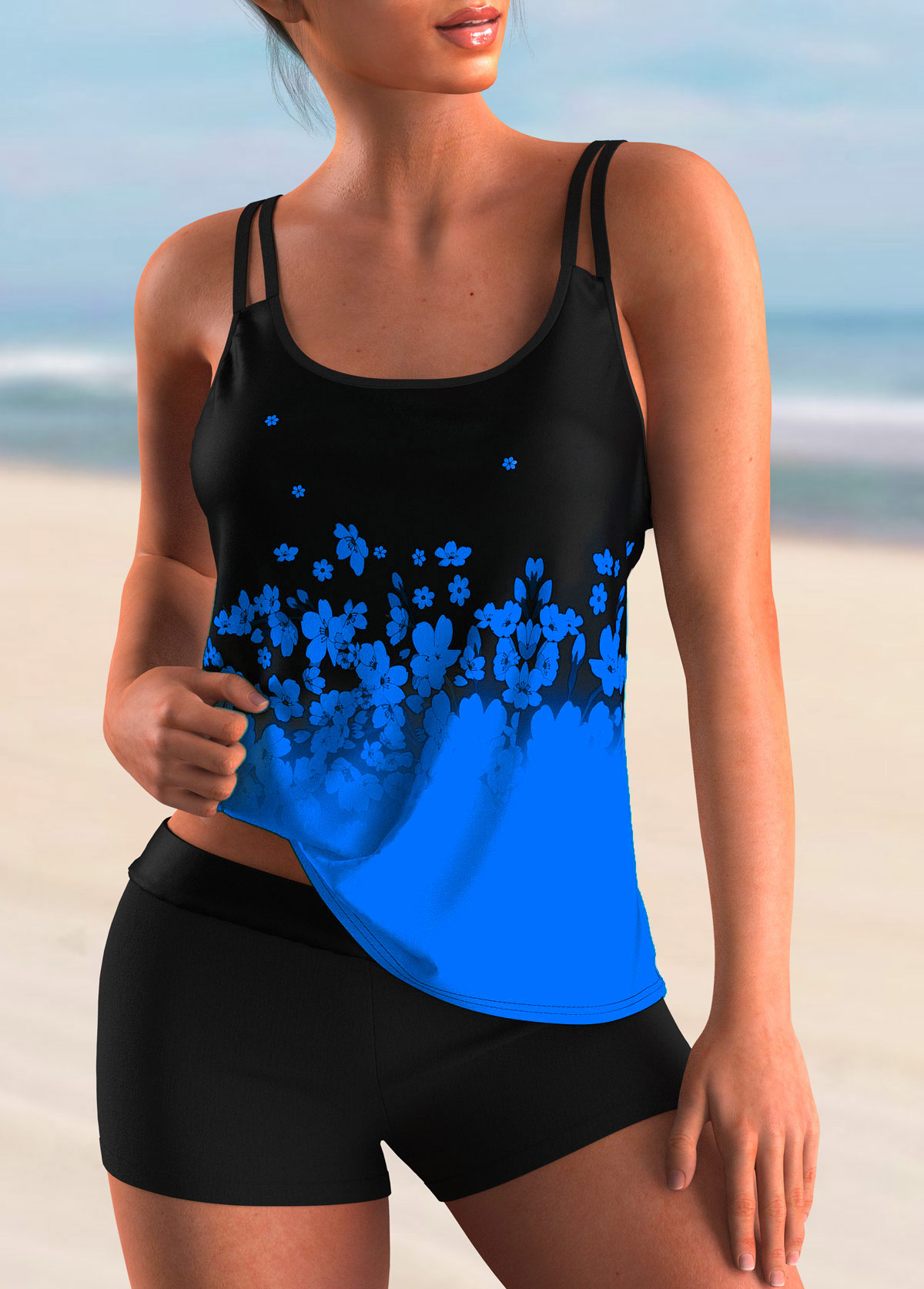 Rotita Tankini-Oberteil mit Blumendruck in Ombre-Blau-Kein Boden