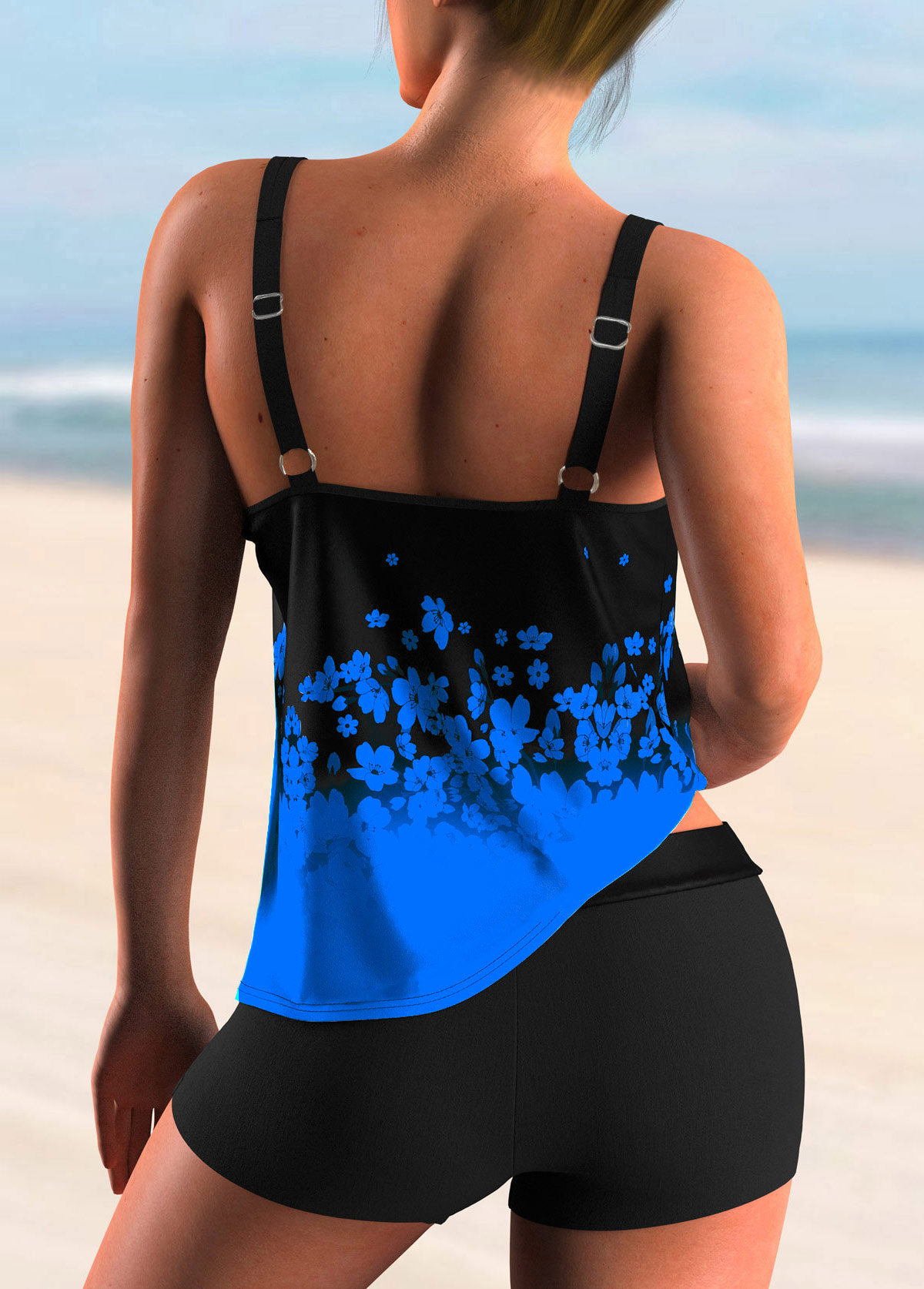 Blue swimwear,Floral swimwear,ROTITA Floral Print Ombre Blue Tankini Top