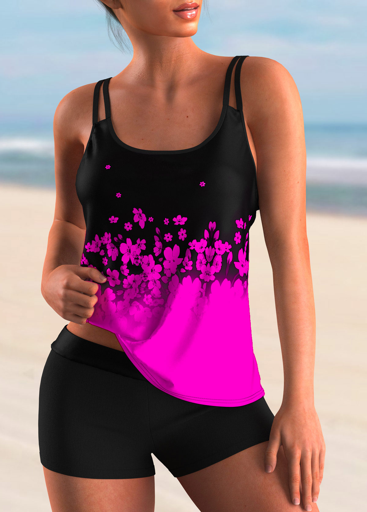 Hot Pink Ombre Floral Print Tankini Set