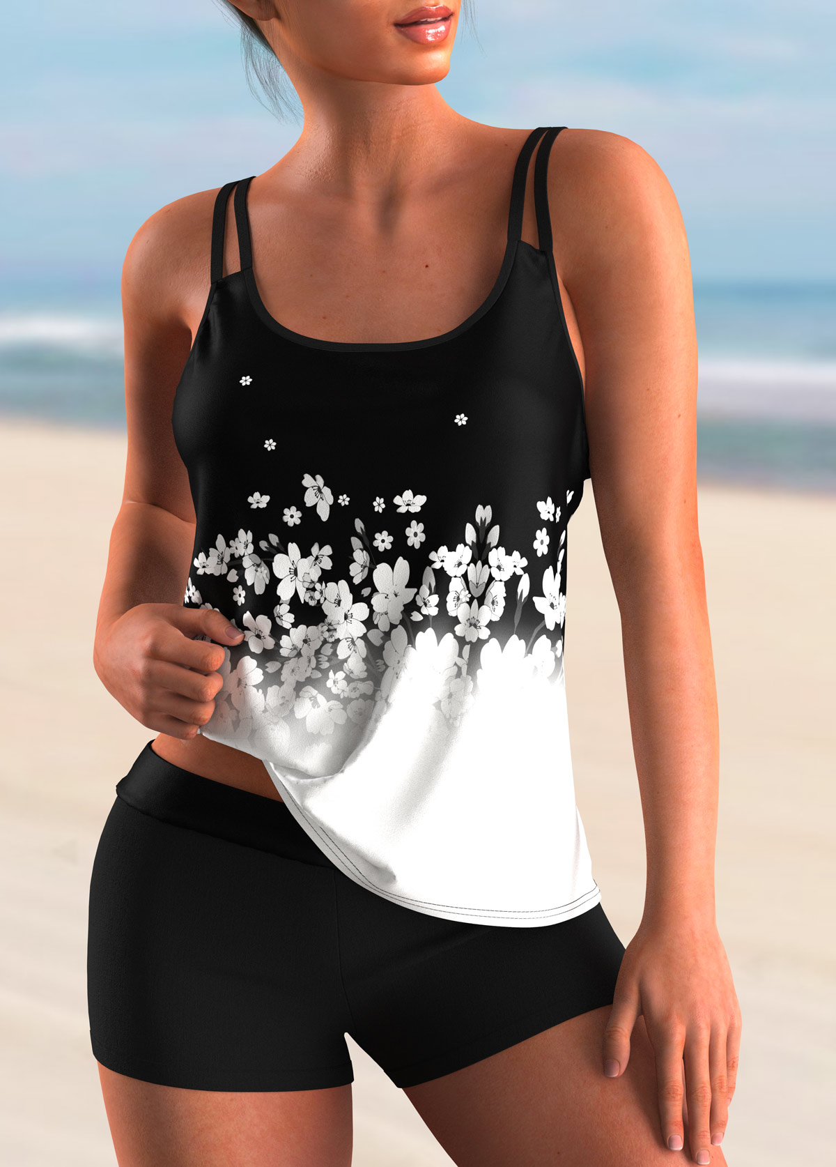 ROTITA Floral Print White Ombre Tankini Top
