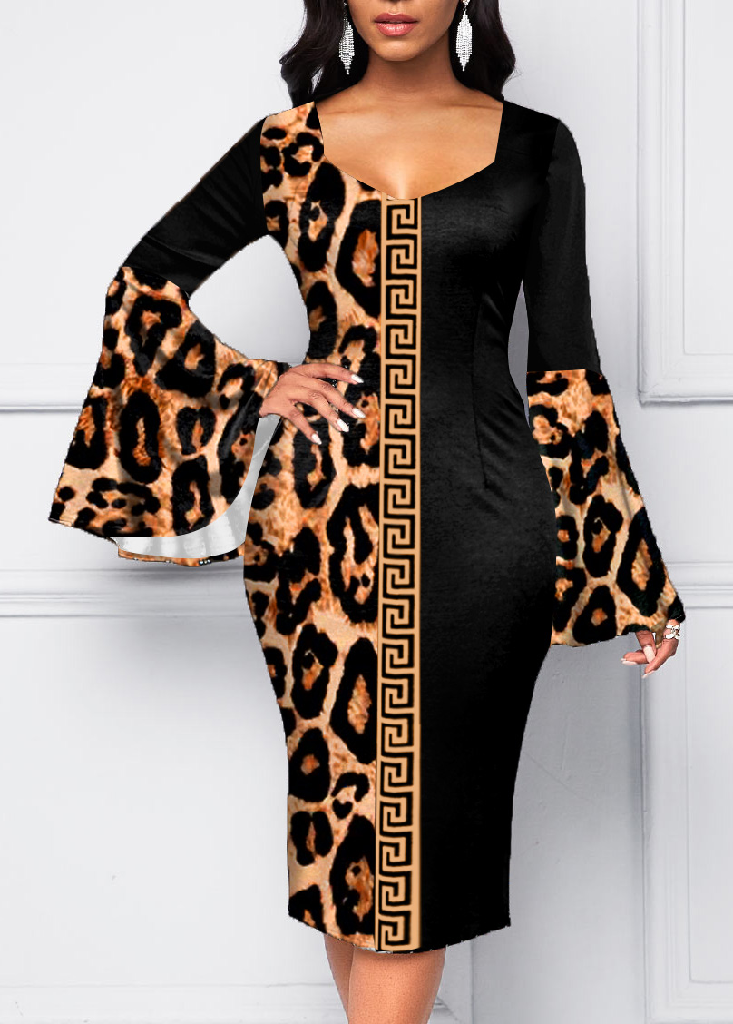 ROTITA Fret Print Leopard Sweetheart Neckline Flare Sleeve Dress