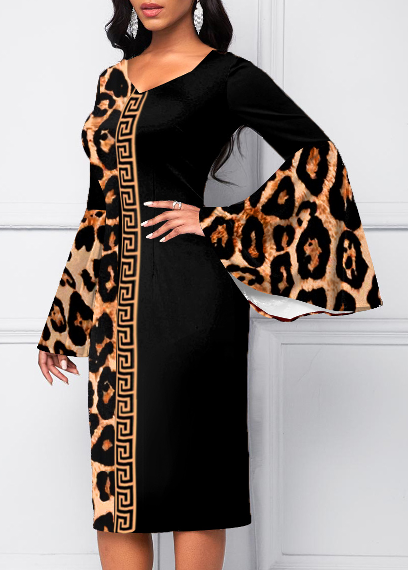 Leopard dresses,ROTITA Fret Print Leopard Sweetheart Neckline Flare Sleeve Dress