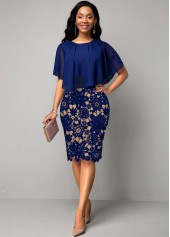 ROTITA Cape Sleeve Lace Panel Navy Blue Dress