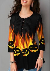 Orange tops,Halloween tops,ROTITA Halloween Print Three Quarter Sleeve Blouse