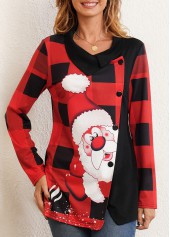 ROTITA Decorative Button Long Sleeve Christmas Print T Shirt