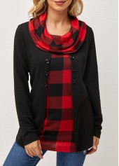 Black tops,Plaid tops,ROTITA Cowl Neck Long Black Sleeve Plaid Sweatshirt