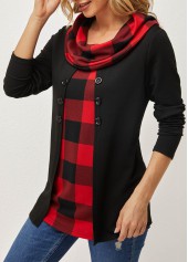 Black tops,Plaid tops,ROTITA Cowl Neck Long Black Sleeve Plaid Sweatshirt