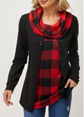 Black tops,Plaid tops,ROTITA Cowl Neck Long Black Sleeve Plaid Sweatshirt