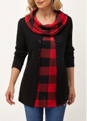 ROTITA Cowl Neck Long Black Sleeve Plaid Sweatshirt