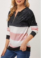 Black tops,Contrast Color tops,Long Sleeve Contrast Quarter Zip T Shirt