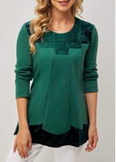 Blackish Green tops,Plain Color tops,ROTITA Lace Patchwork Round Neck Long Sleeve T Shirt